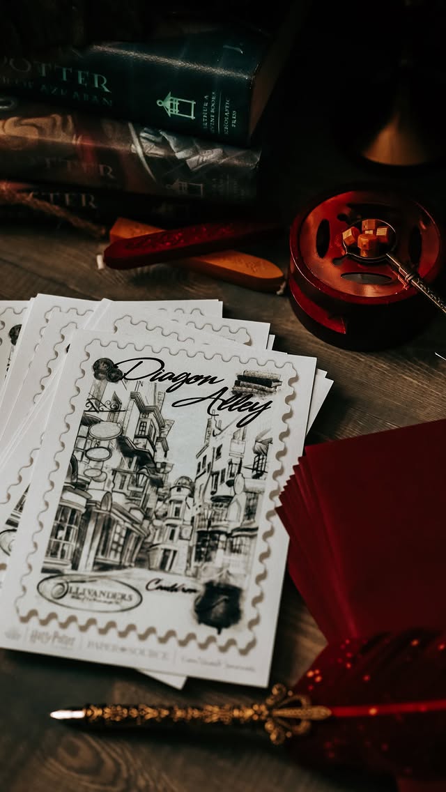 Instagram post by @stephaniespensieve for Paper Source. Caption reads: ✨Paper Source x Conquest Journals x Wizarding....