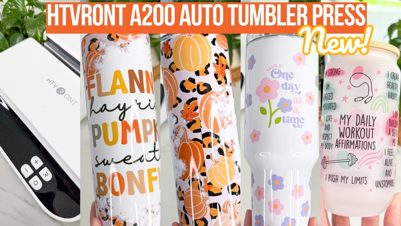 YouTube post by @KaylasCricutCreations for TeckWrapcraft. Caption reads: BEGINNER-FRIENDLY TUMBLER HEAT PRESS?! 🤯 HTVRONT....