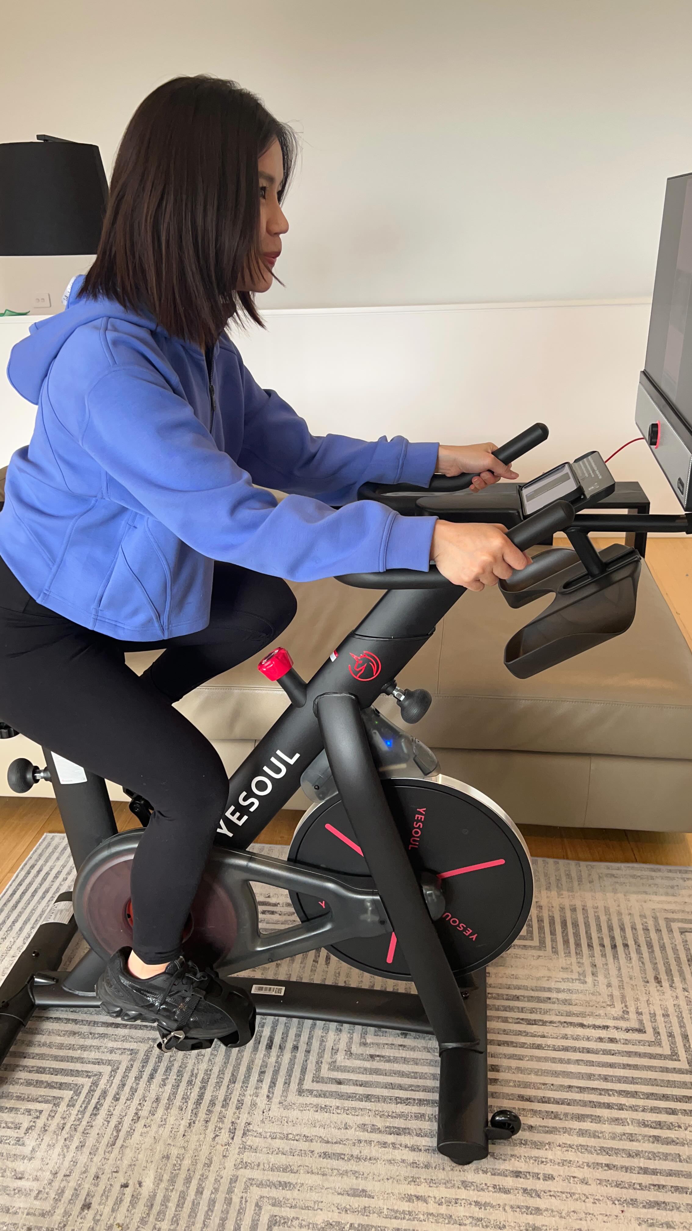 Instagram post by @jarrodandamelia for YESOUL FITNESS. Caption reads: The @yesoulfitness.official G1M Plus Exercise Bike....