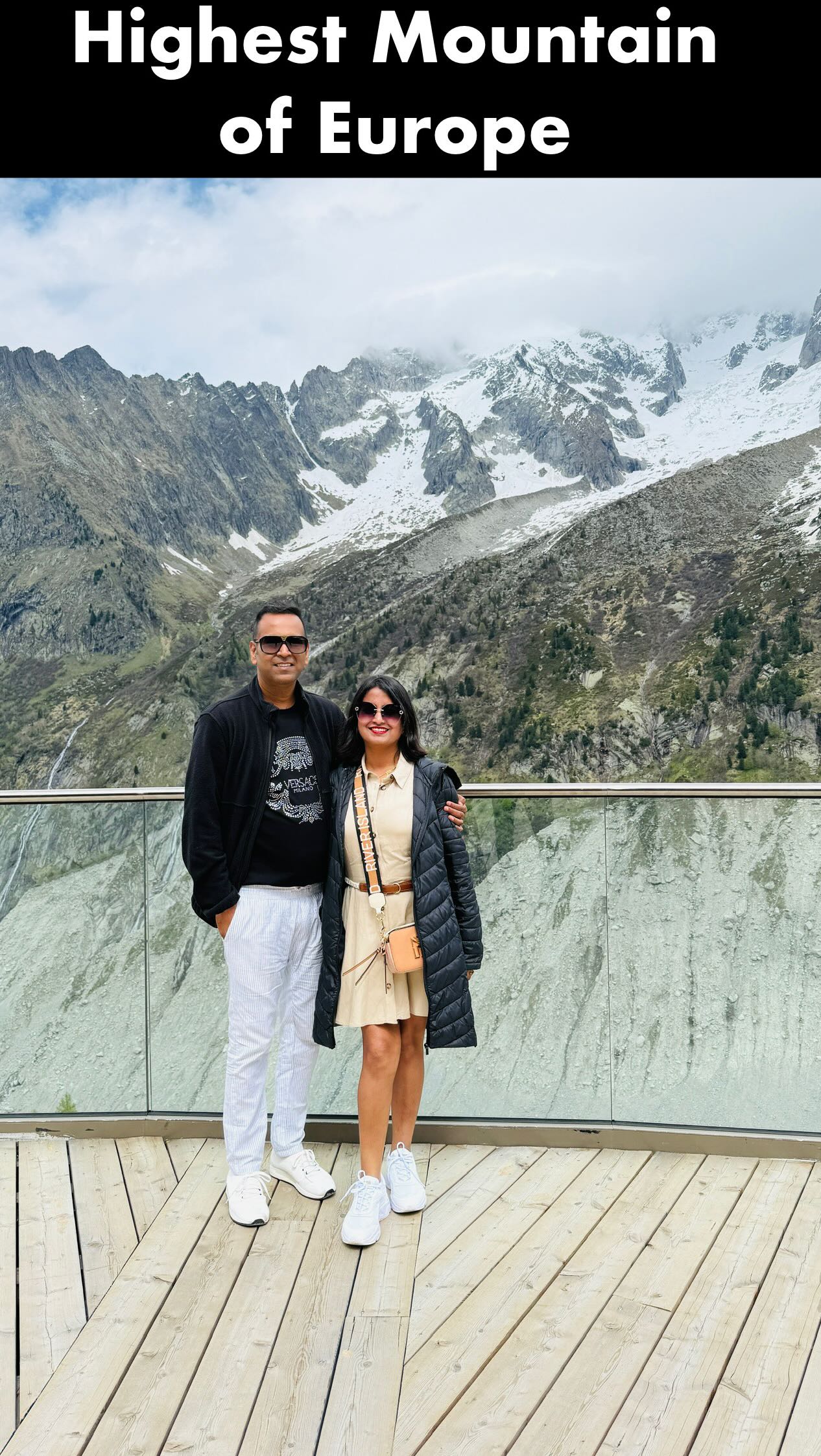 Instagram post by @traveljunkies_ashishruti for GetYourGuide. Caption reads: 🌍 Chasing Heights, Finding Magic – Mont Blanc....