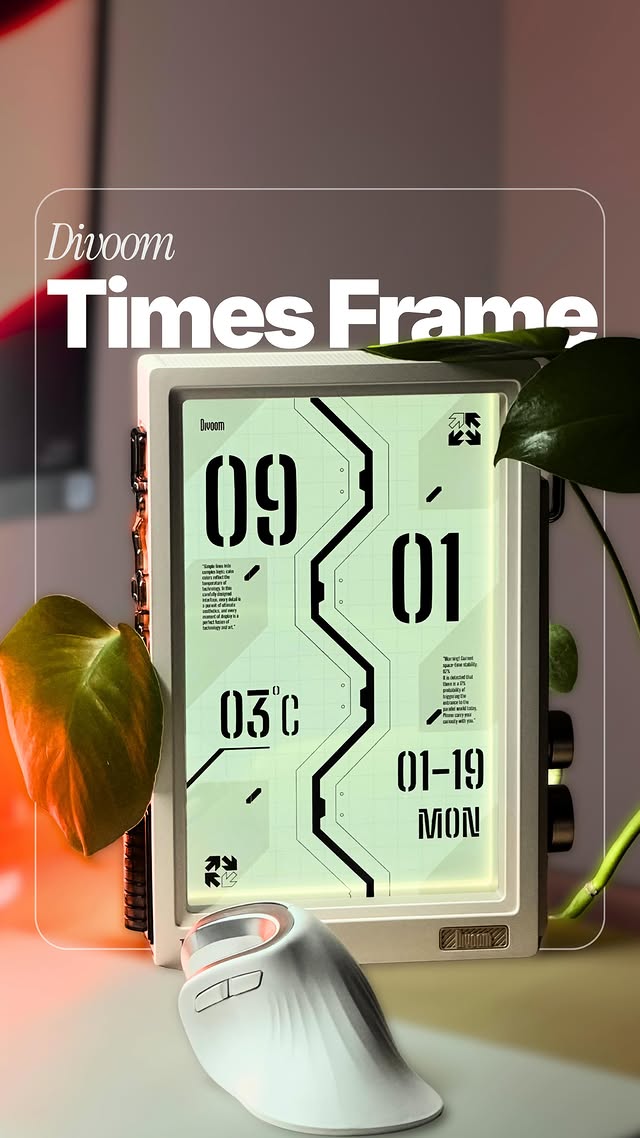 Instagram post by @rahulx3 for Divoom. Caption reads: Meet the Divoom Times Frame - the desk accessory....