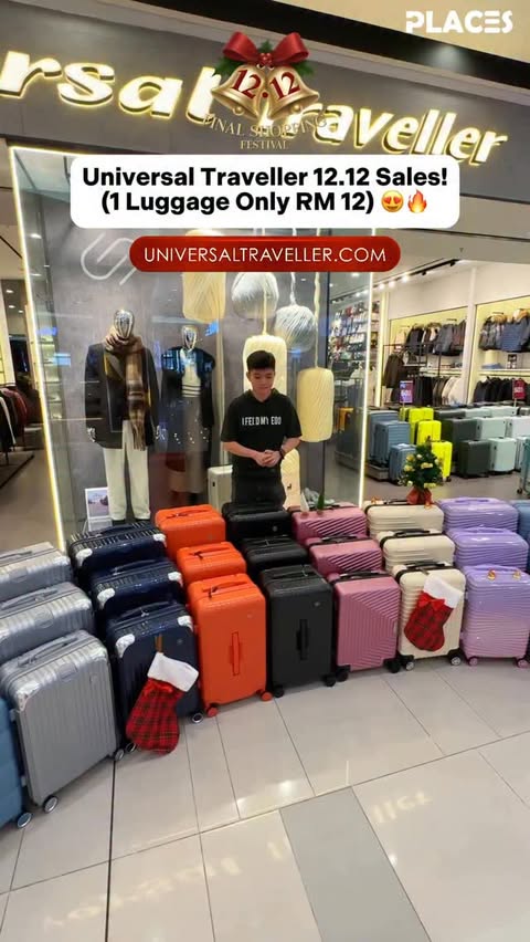 Instagram post by @placesmalaysia for Universal Traveller. Caption reads: Universal Traveller 12.12 Sales (1 Luggage Only RM....