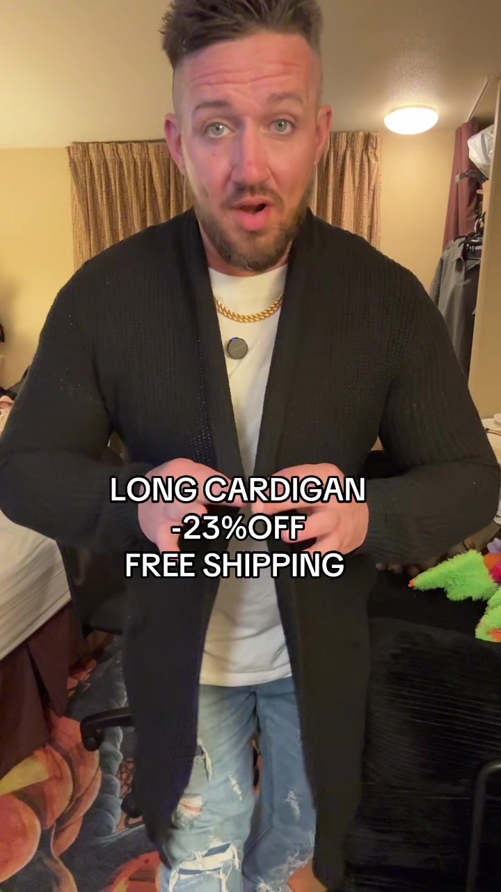 TikTok post by @jesusalone777 for COOFANDY. Caption reads: LONG CARDIGAN BY COOFANDY FREE SHIPPING [...].