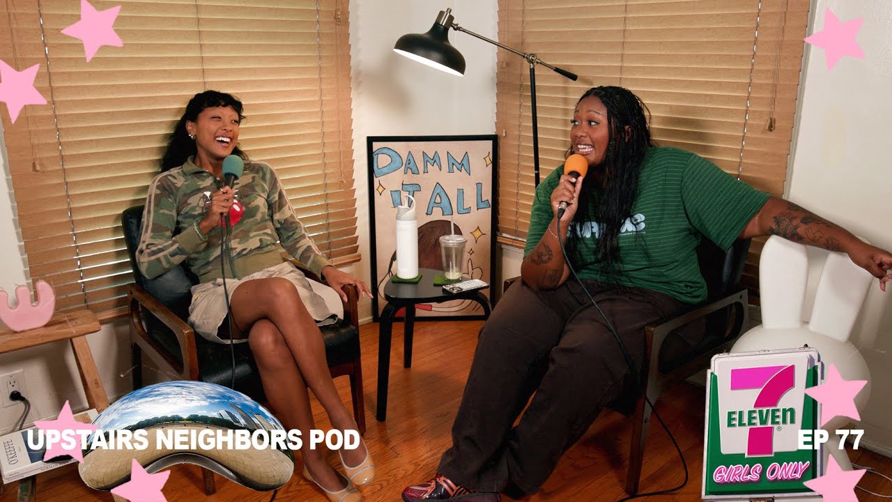 YouTube post by @upstairsneighborspodcast for Blissy. Caption reads: Girl Only Gas Stations | Ep 77 w/ Dom & Maya.