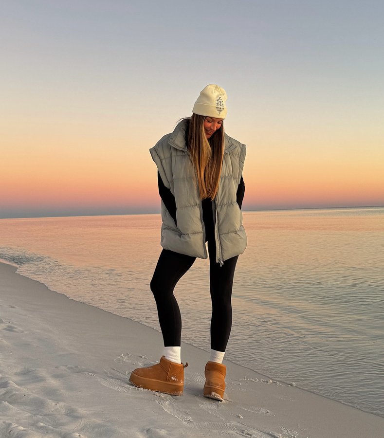 Instagram post by @brynley.joyner for FP Movement. Caption reads: ok the early winter sunsets aren’t so bad 🤭🧸 PS:....
