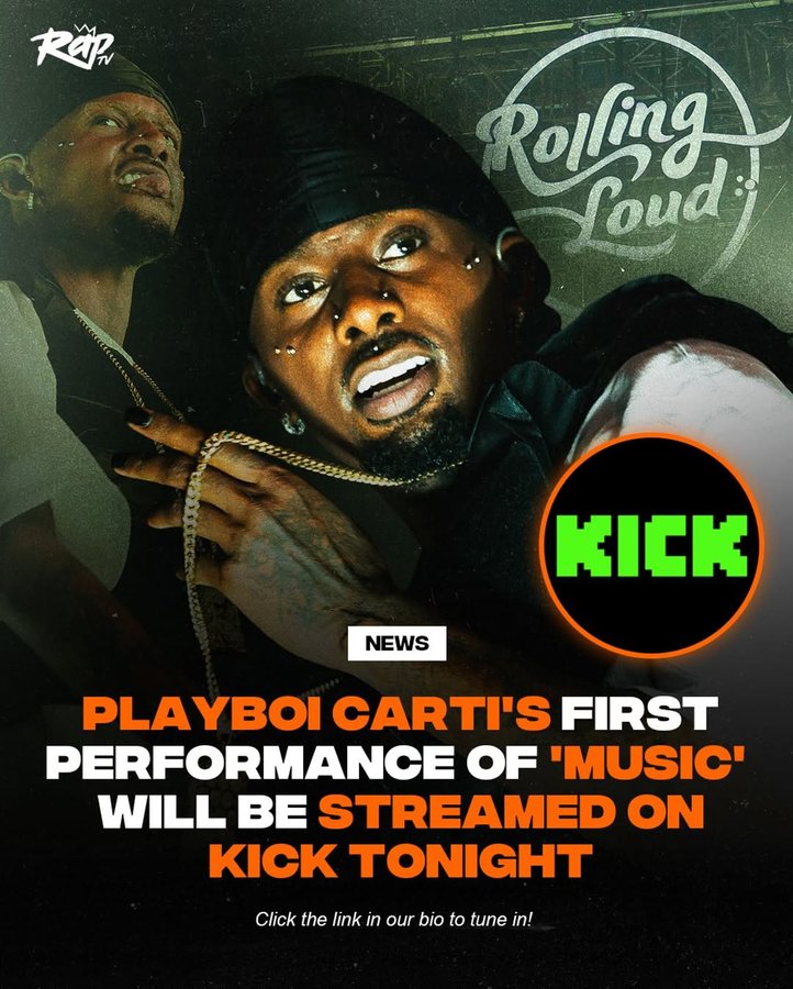 Instagram post by @concert for Rolling Loud. Caption reads: CLICK THE LINK IN BIO TO WATCH CARTI PERFORM....