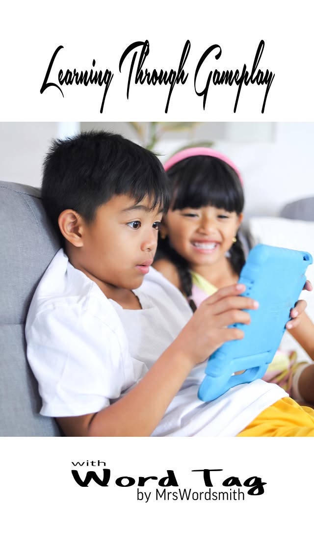 Instagram post by @j.andhercrew for Mrs Wordsmith. Caption reads: [...] where he learns through gameplay!....