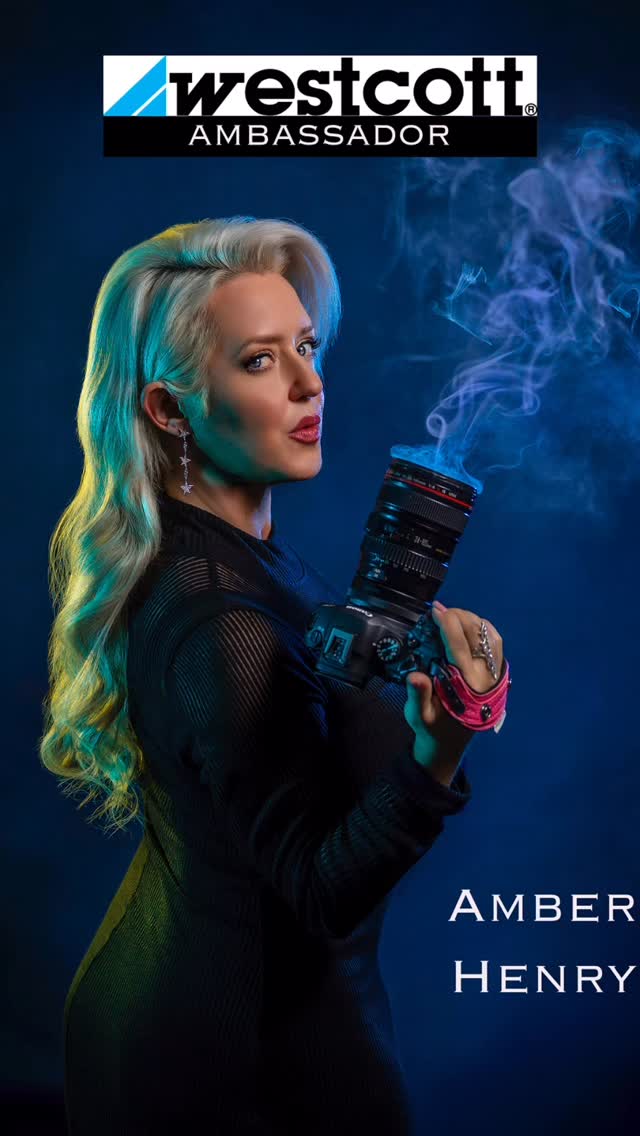 Instagram post by @amberhenryphotography for Westcott Lighting. Caption reads: [...] my napalm era”💙 Meet the newest....