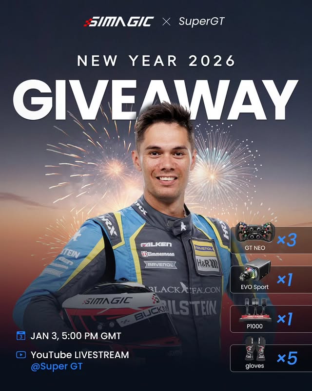 Instagram post by @stevealvarezbrown for Simagic. Caption reads: 🎉 NEW YEAR LIVESTREAM GIVEAWAY | SIMAGIC ×....