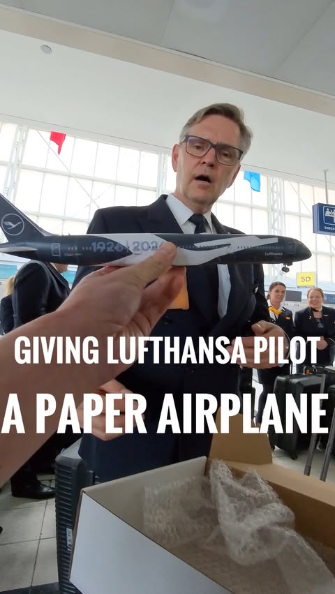 Instagram post by @jaeseopapercraft for Lufthansa. Caption reads: I gave a @lufthansa pilot a paper airplane 787 in....