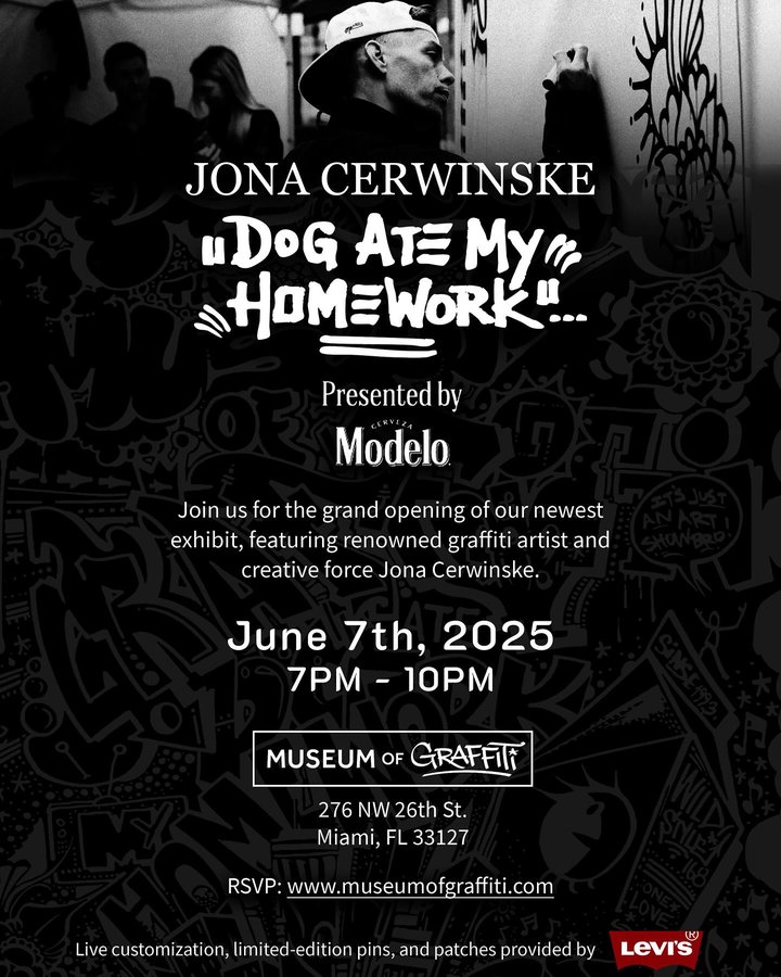 Instagram post by @jonacerwinske for Museum of Graffiti. Caption reads: Join us at Museum of Graffiti as acclaimed Miami....