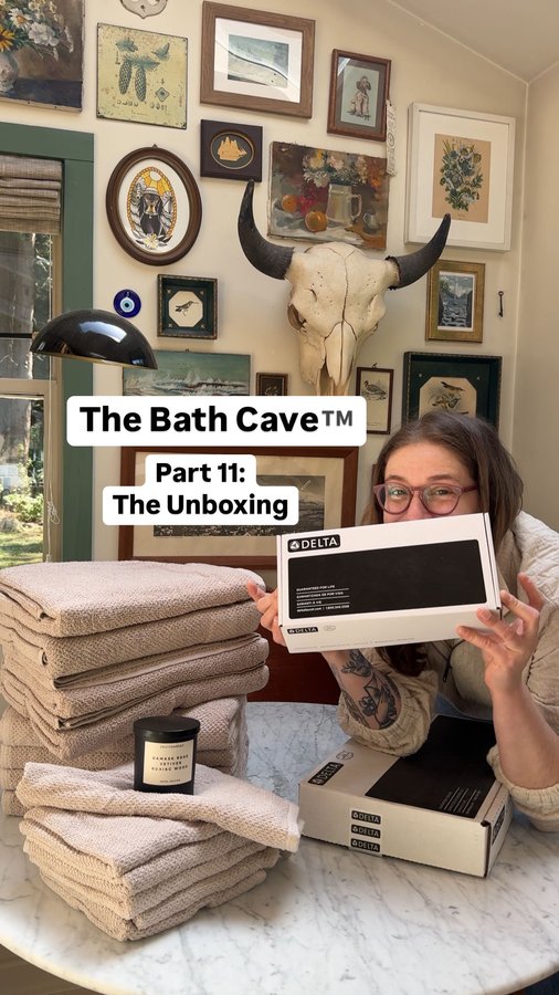 Instagram post by @jojotastic for Overstock. Caption reads: Bath Cave™️ Part 11: The Unboxing 🤗 #ad remember....