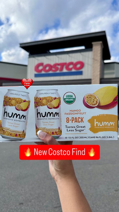 Instagram post by @costcofans for Humm Kombucha. Caption reads: #ad ✨**NEW FIND ALERT!**✨ Humm Kombucha’s Mango....