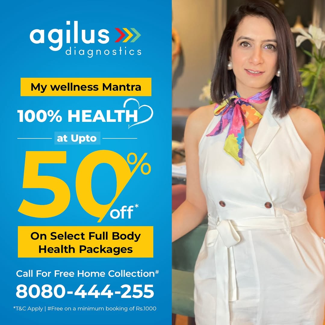 Instagram post by @meghakmehra for Agilus Diagnostics. Caption reads: [...] checkups! Unlock 100% health with Agilus....
