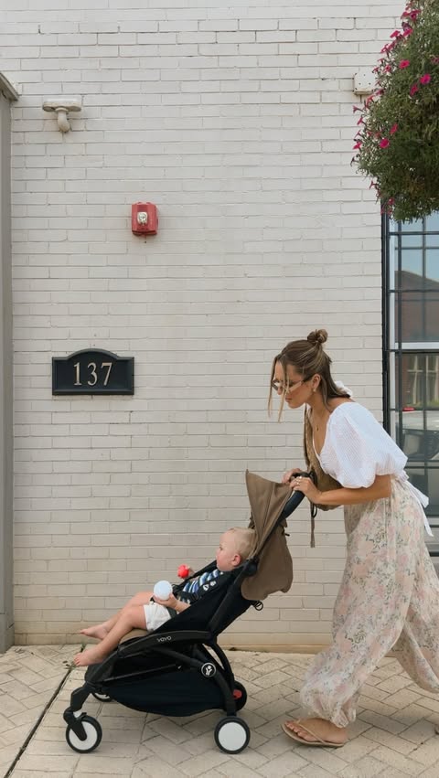 Instagram post by @emilyharrisking for Stokke. Caption reads: #ad #StokkePartner Running errands with a toddler....