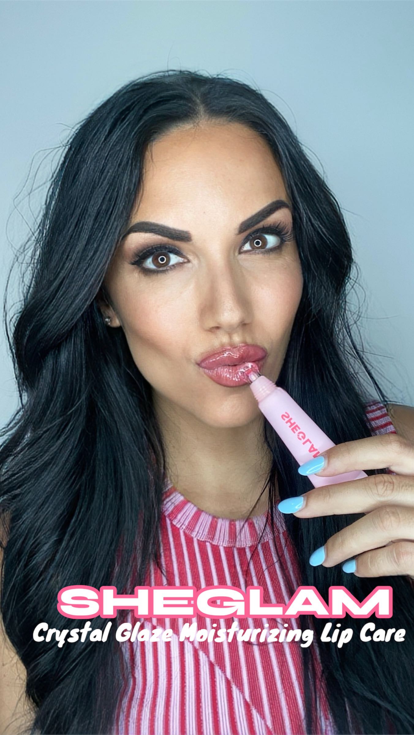 Instagram post by @cesarini_sara_ for SHEGLAM. Caption reads: 🍓🍉Crystal Glaze Moisturizing Lip Care....