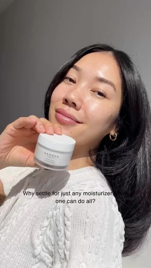 Instagram post by @lazygirlglam for DAMDAM. Caption reads: [...] all: glowy, plumped, soft skin ✨ shop....