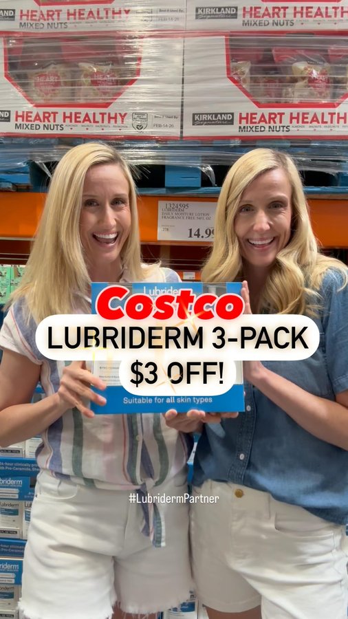 Instagram post by @costco.twins for Lubriderm. Caption reads: #LubridermPartner Our favorite skincare staple is....