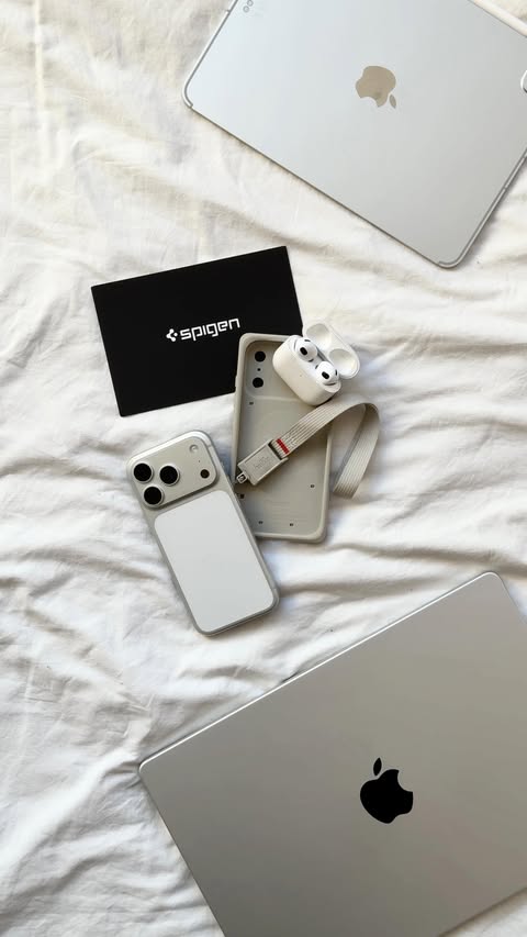 Instagram post by @osyqo for Spigen. Caption reads: [...] Apple meets modern iPhone 😌 unboxing....