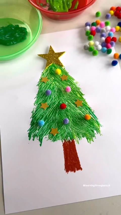 Instagram post by @learningthroughplay8 for Baker Ross. Caption reads: Fork Painted Trees ✨🎄 SAVE to remember to give it....