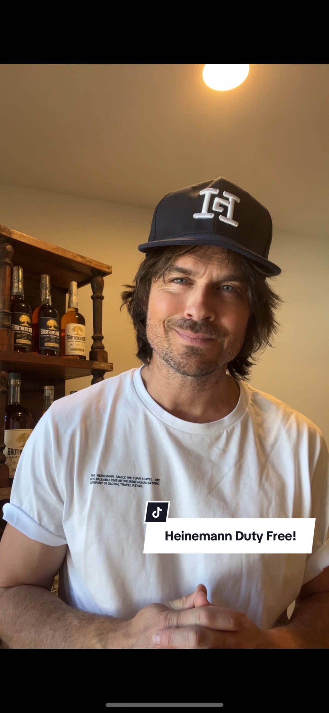 TikTok post by @iansomerhalder for Brother's Bond Bourbon. Caption reads: ✈️ Now boarding: @brothersbondbourbon at....