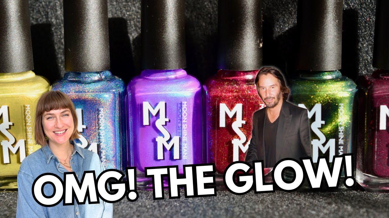 YouTube post by @CaitlinSwatches for Cracked Polish. Caption reads: Pruglies, holo and neon shimmer?! Moon Shine Mani....