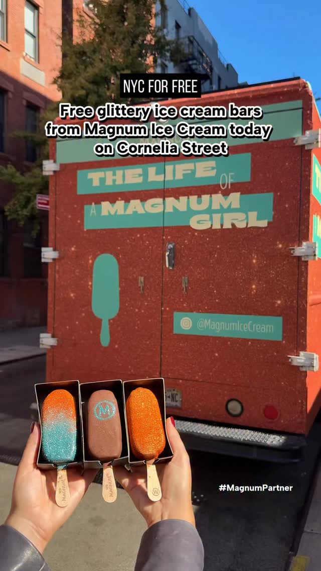 Instagram post by @nyc_forfree for Magnum Ice Cream. Caption reads: Free glittery ice cream bars from Magnum Ice Cream....