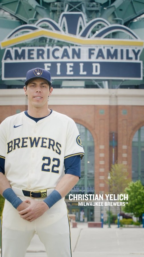 Instagram post by @christianyelich for American Family Insurance. Caption reads: Enter the @amfam Superfan Tailgate Sweepstakes....