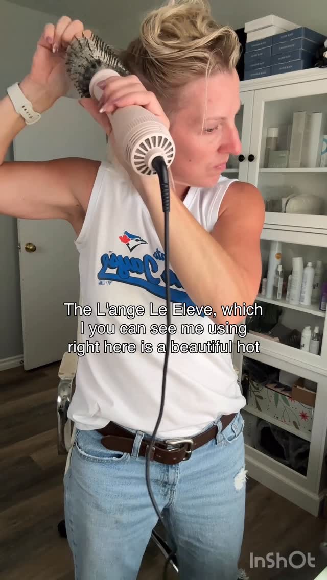 Instagram post by @lindsayhignett_love.this.girl for L'ange Hair. Caption reads: If you’ve ever tried to juggle a round brush and a....