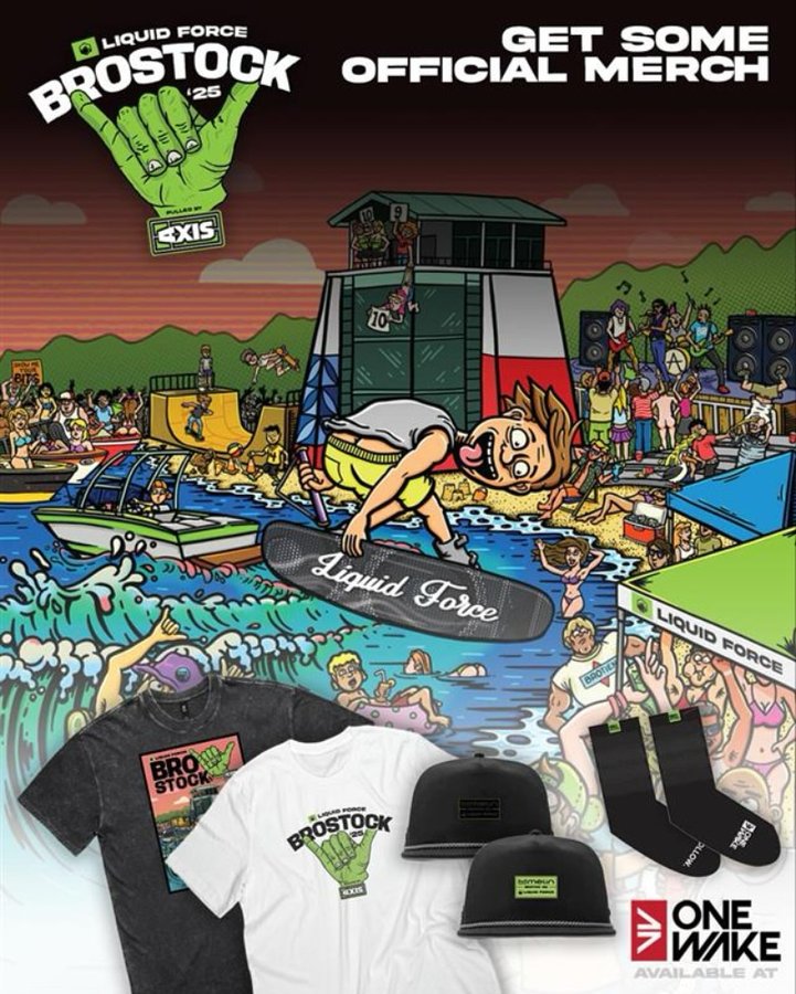 Instagram post by @onewake_ for Liquid Force. Caption reads: [...] bros) some goodies! 🤘🤘 #BROstock....