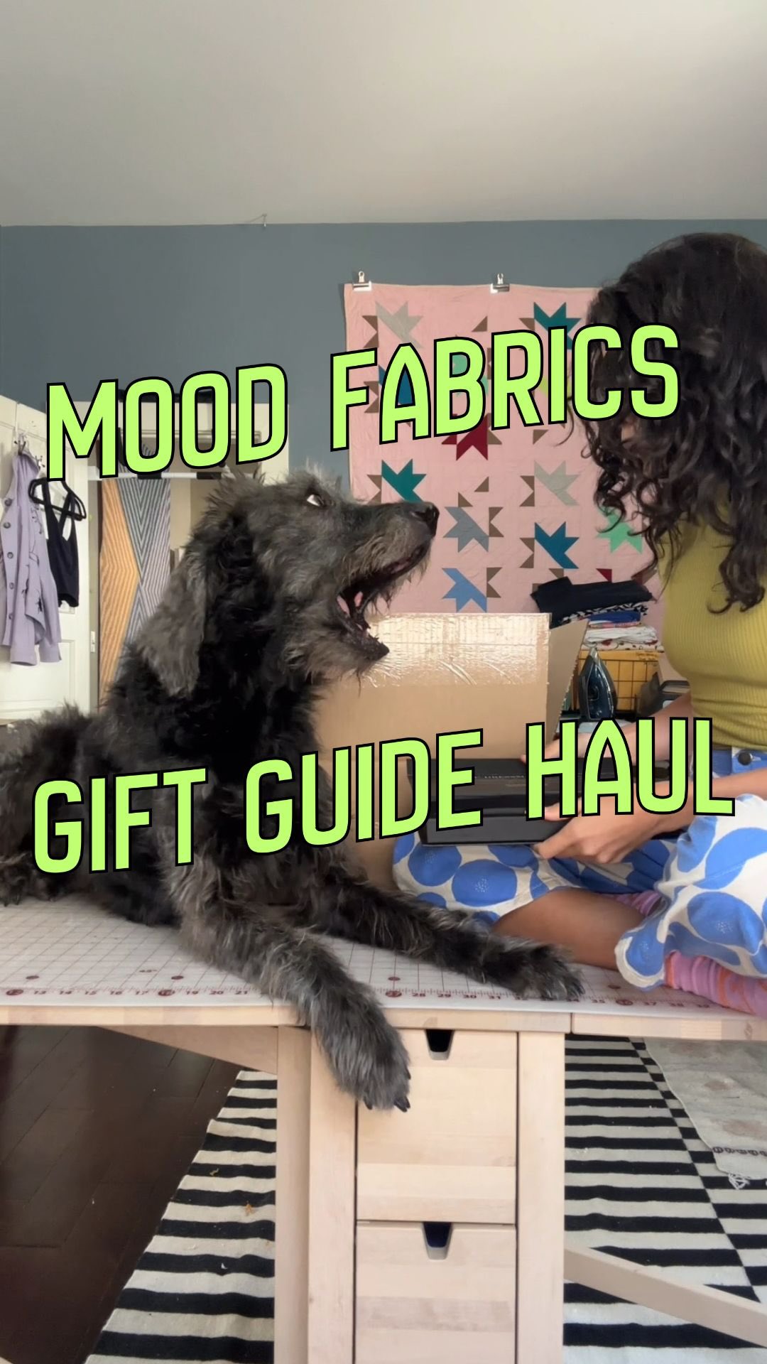 Instagram post by @leila.makes for Mood Fabrics. Caption reads: unpack this v fun @moodfabrics package 🎁 w me to....