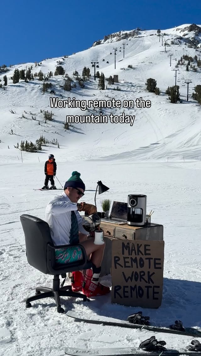 Instagram post by @scottymuirhead for Chubbies. Caption reads: [...] is remote work now @mammothmountain....