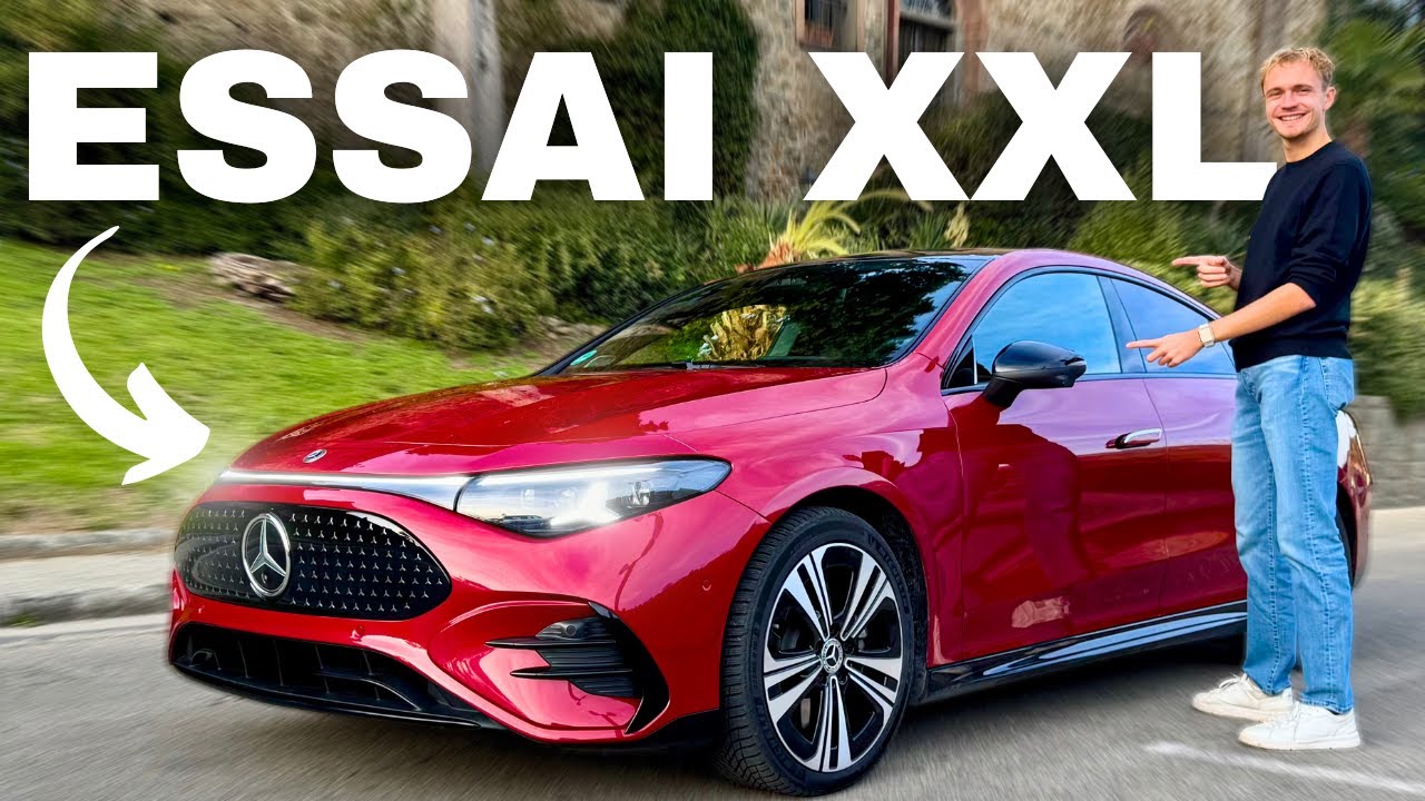 YouTube post by @SimplementJulien for Tesla. Caption reads: Mercedes CLA 250+ review: our opinion after 2800....