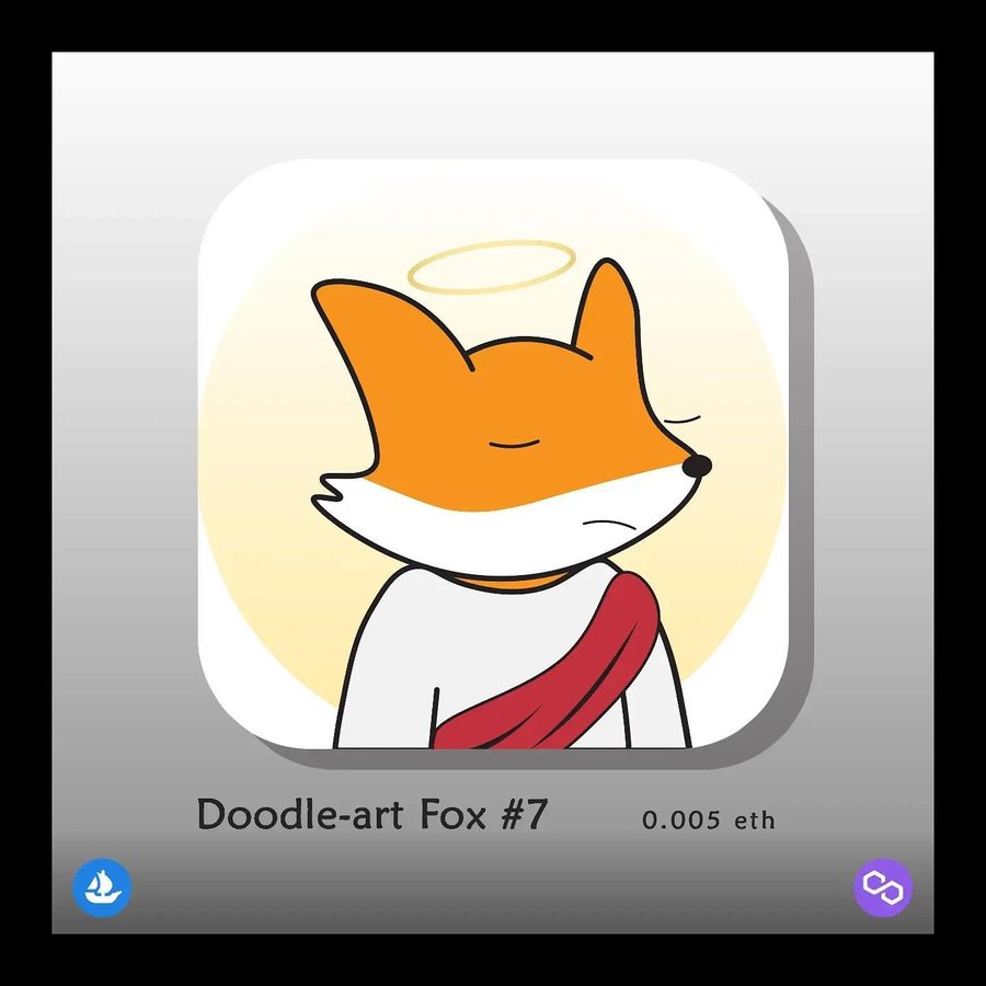 Instagram post by @cryptokingtv for OpenSea. Caption reads: Doodle-art Fox #7

🔺️Now listed on @opensea

💎....