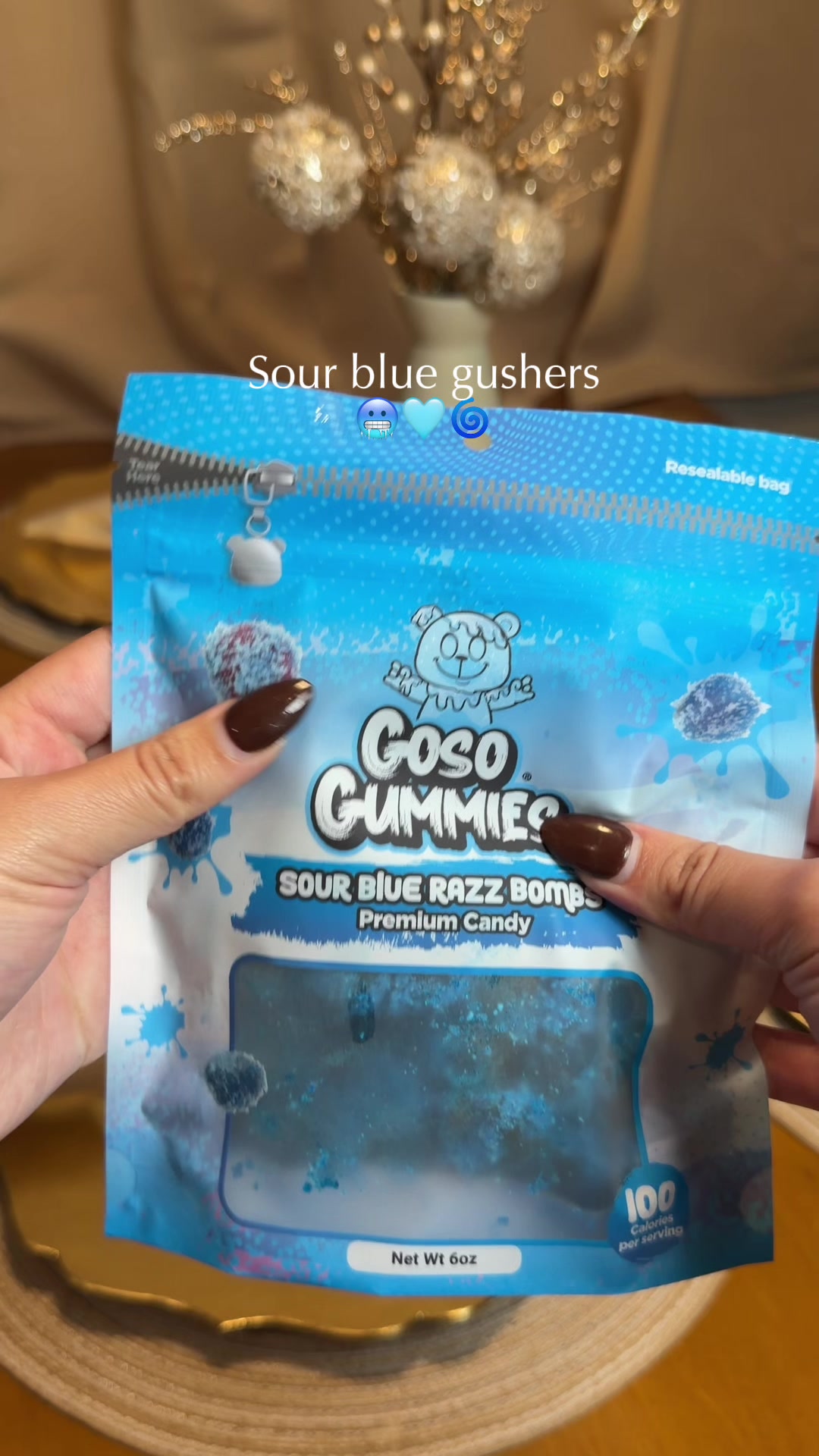 TikTok post by @larissaaaarioss22 for Goso Gummies. Caption reads: @Goso Gummies 😋🩵 #sourgushers #gushers #fyp....