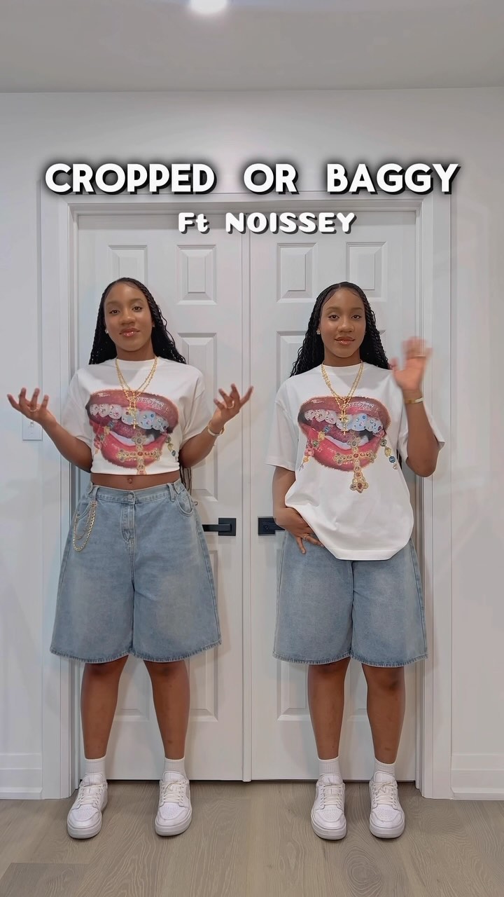 Instagram post by @vibingwithkosi for NOISSEY. Caption reads: Cropped or Baggy ☁️✨ • • T-Shirt:....