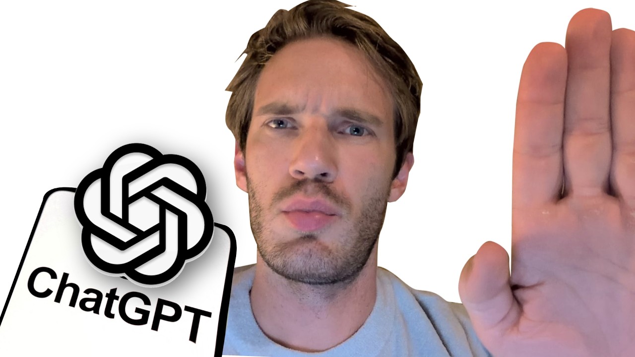 YouTube post by @PewDiePie for Saily. Caption reads: STOP. Using AI Right now.