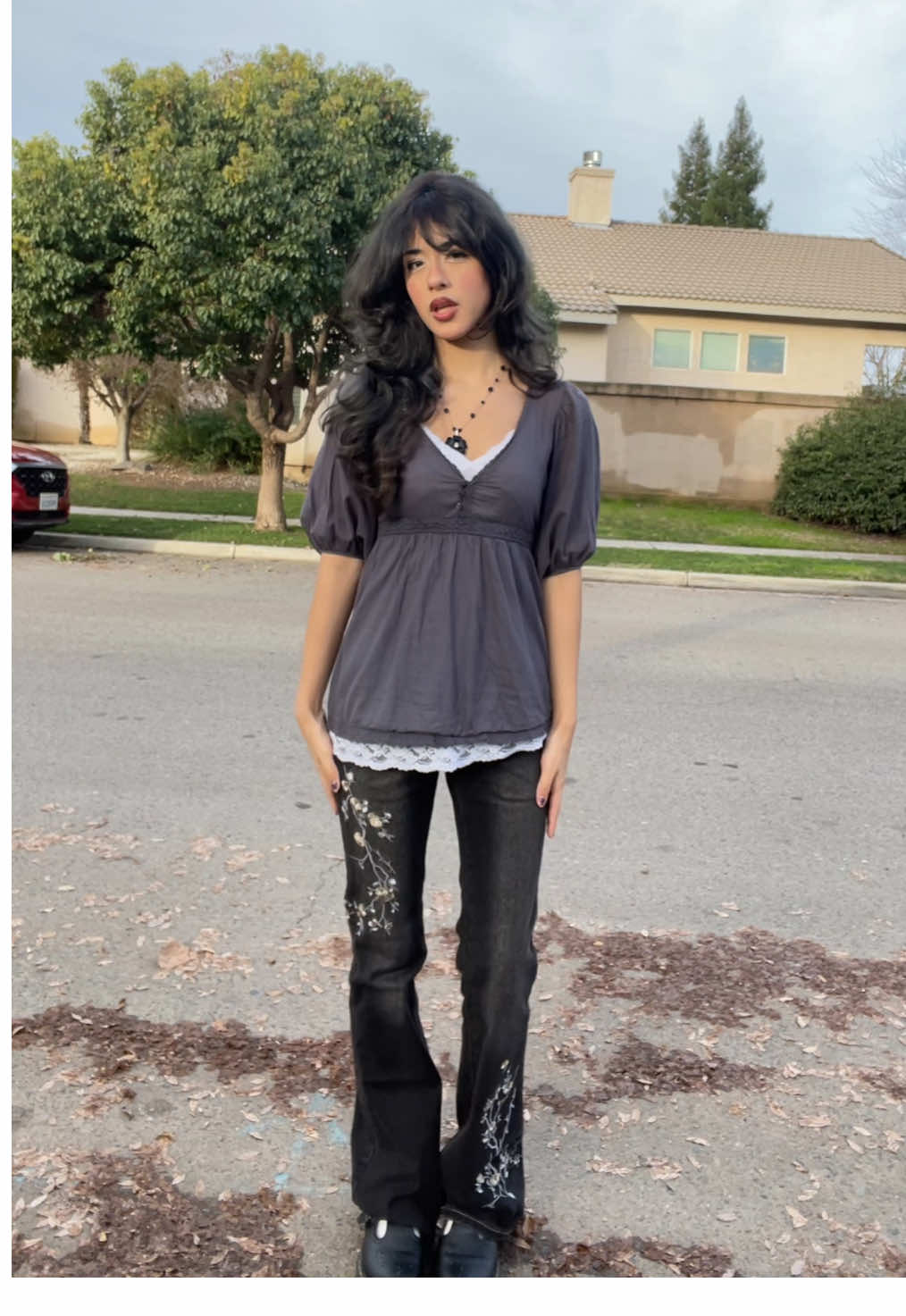 TikTok post by @luvcrumbs for Emmiol. Caption reads: jeans r @EMMIOL Denim #ootd #emmiol #winteroutfit....