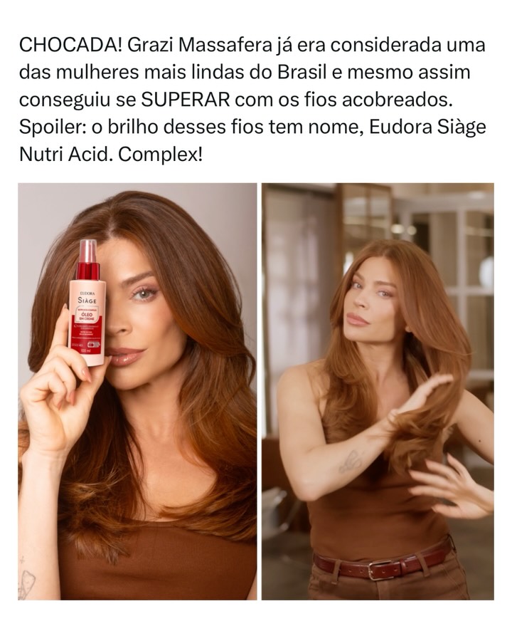 Instagram post by @nazareamarga for Eudora. Caption reads: Grazi Massafera surgiu com os fios acobreados e....