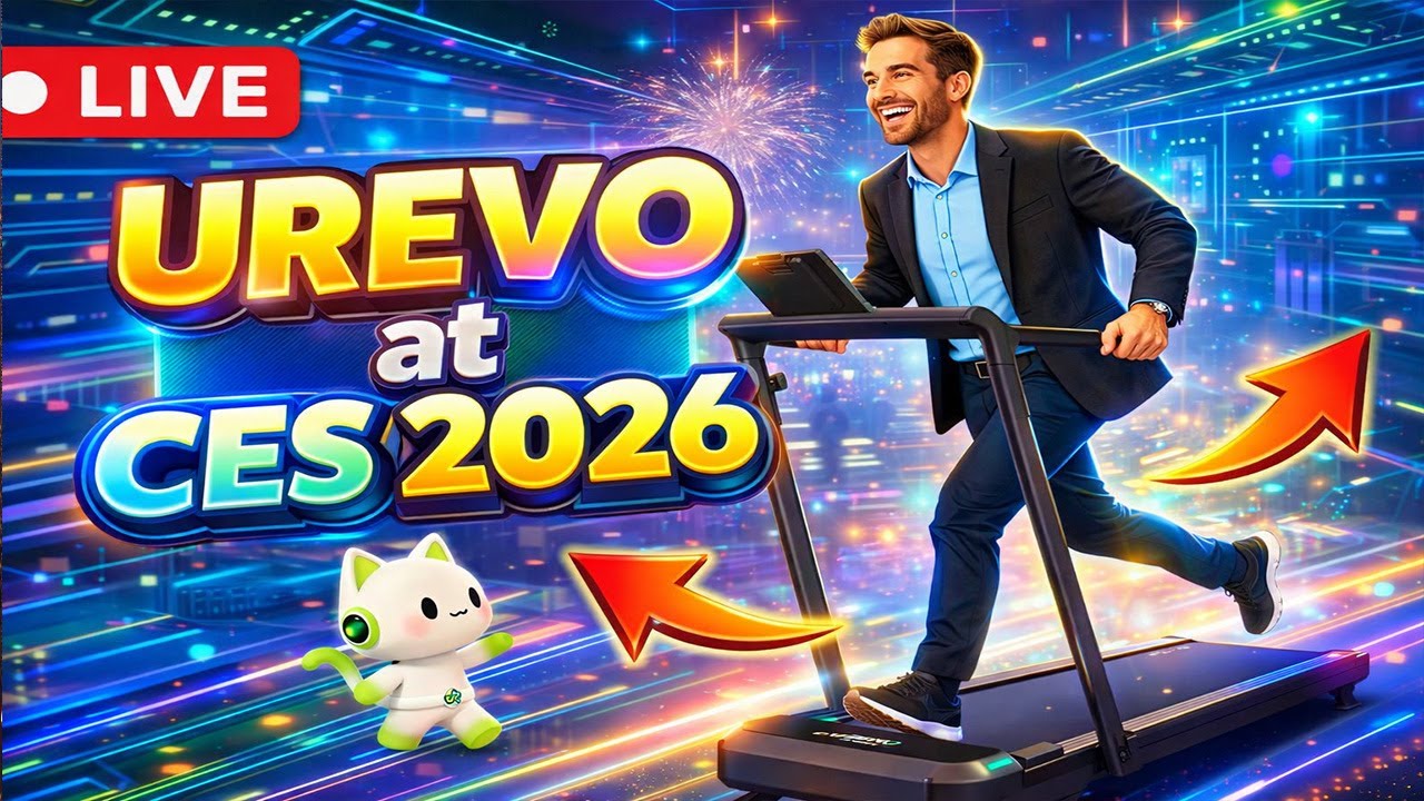 YouTube post by @911Reviews for UREVO. Caption reads: UREVO at CES 2026: AI-Powered Work & Wellness....