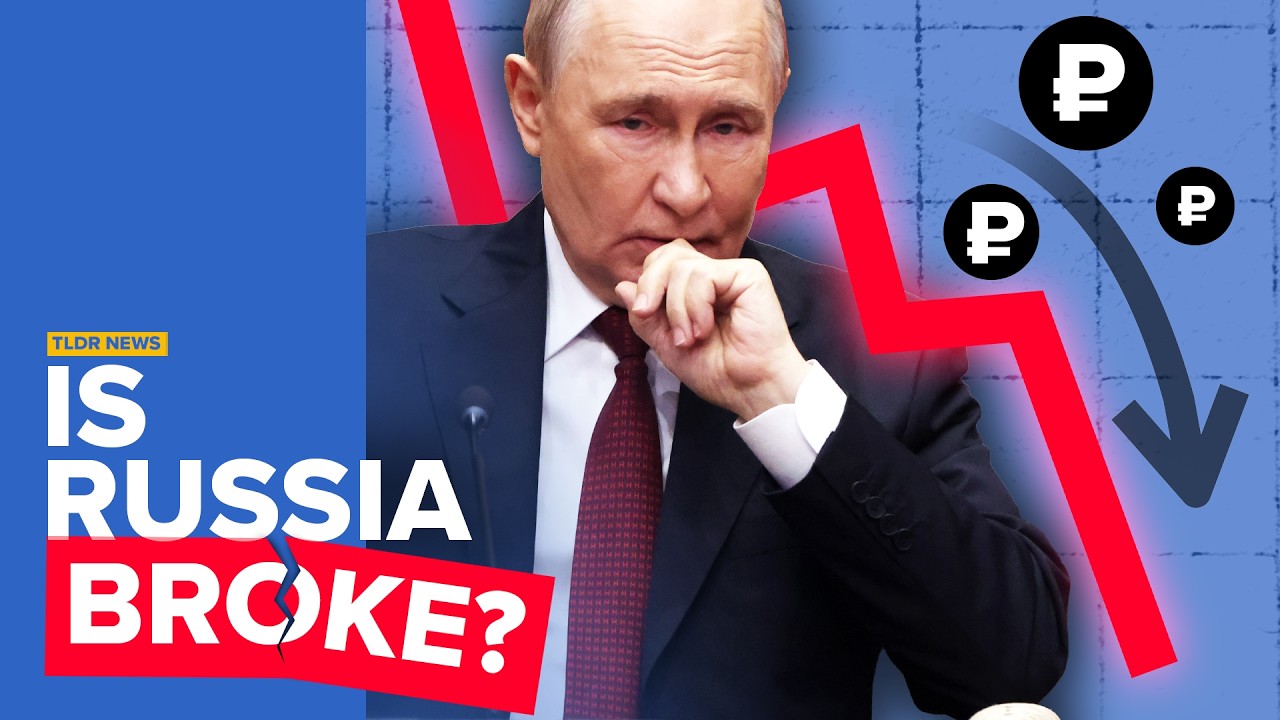YouTube post by @TLDRnewsEU for Bloomberg. Caption reads: Why Russia is Running out of Cash.