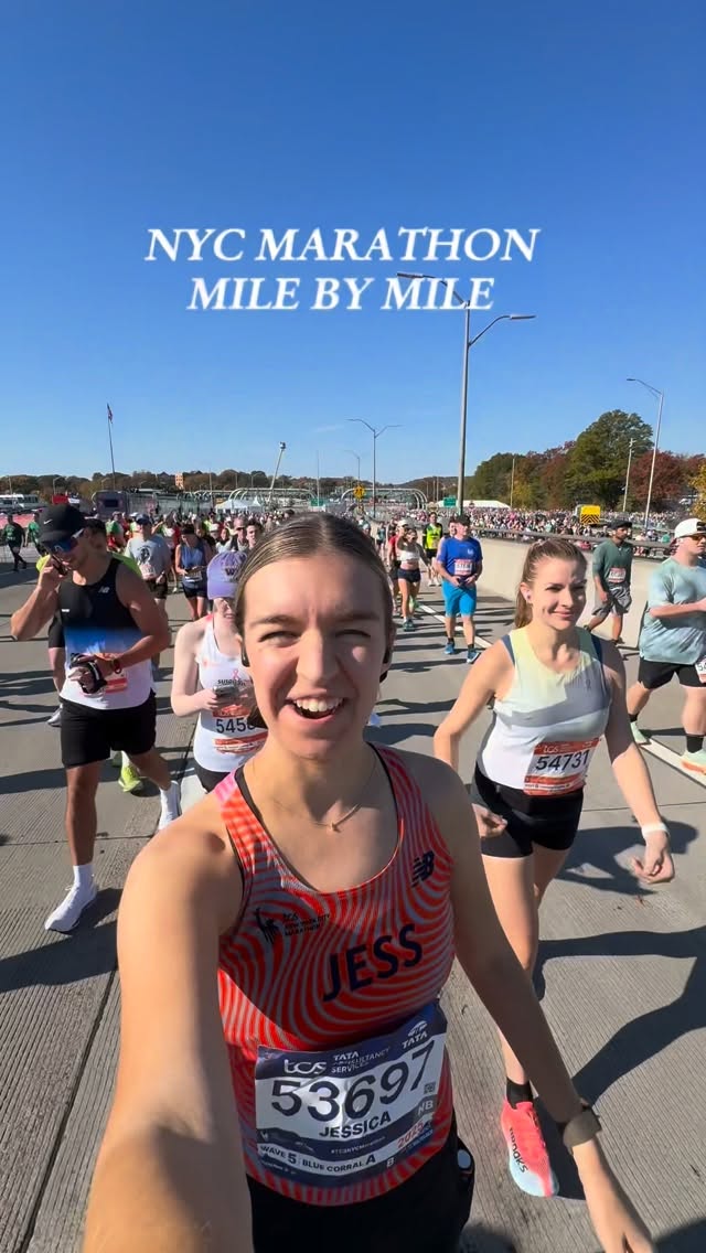 Instagram post by @jessrhood for New Balance. Caption reads: running the 2025 New York City marathon with....