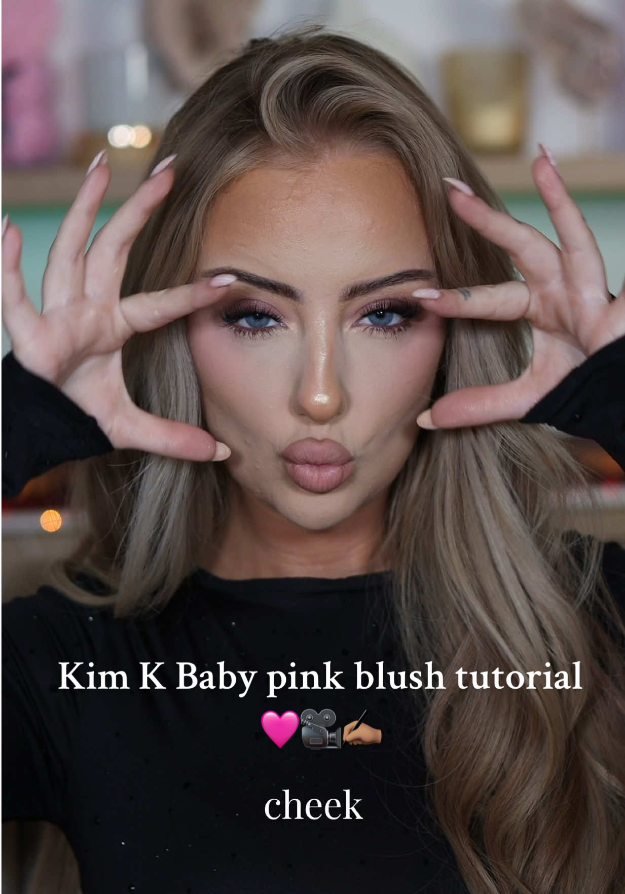 TikTok post by @cariad_ryan for Hourglass Cosmetics. Caption reads: Kim k baby pink blush tutorial 🎥✍🏽🩷 Save this....