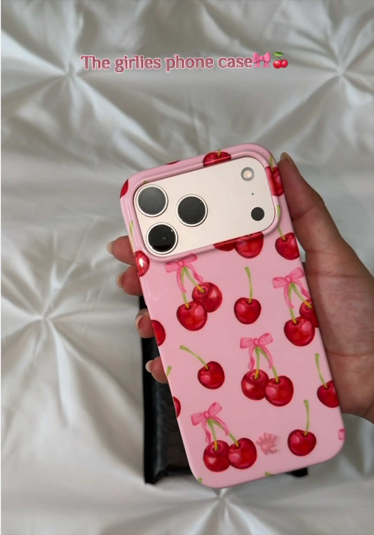 TikTok post by @sahilygallar for VELVET CAVIAR. Caption reads: [...] phone case for the girlies only 🍒🎀....