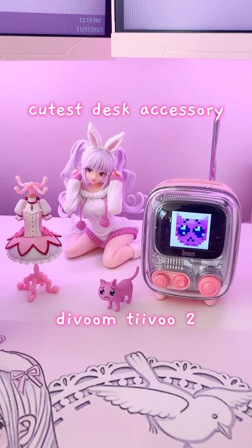 Instagram post by @mikababeyy for Divoom. Caption reads: the cutest little desk accessory the divoom tiivoo....