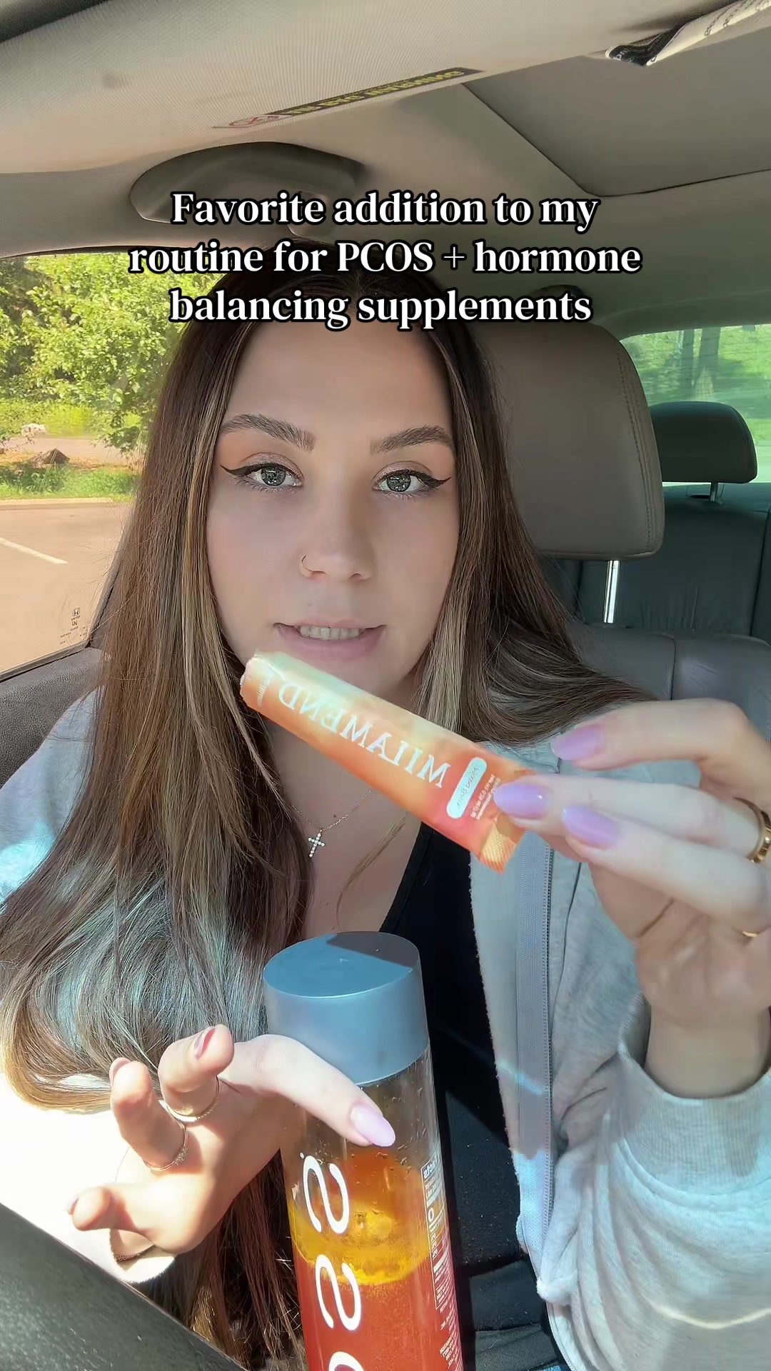 TikTok post by @corinna.vsg for Milamend. Caption reads: [...] routine as a PCOS girlie. Love her 🧡....