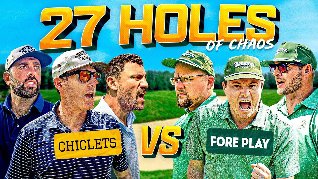 YouTube post by @ForePlayGolf for Golf Galaxy. Caption reads: Spittin Chiclets vs Fore Play | The Match We’ve....