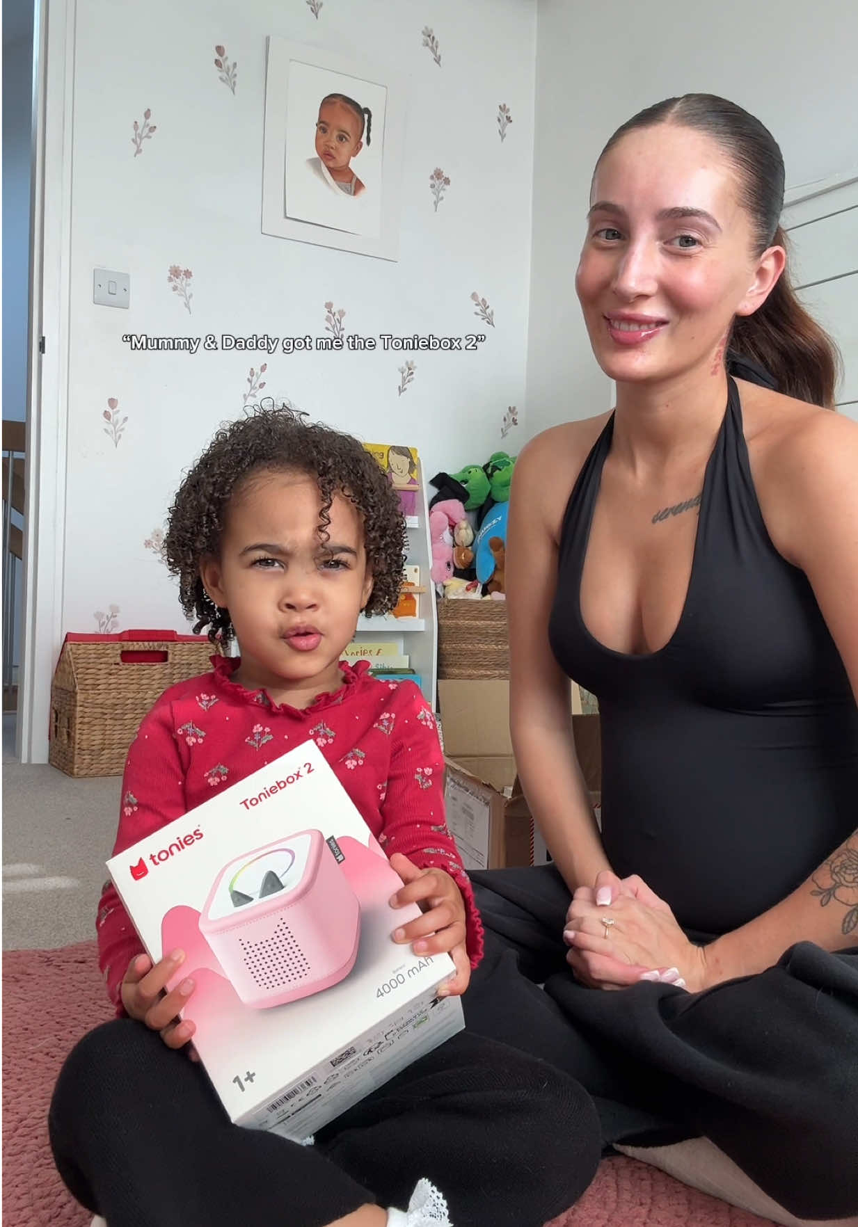 TikTok post by @harleighfairgriev for tonies. Caption reads: ad Unboxing Rara’s new Toniebox 2 🥹 she LOVES her....