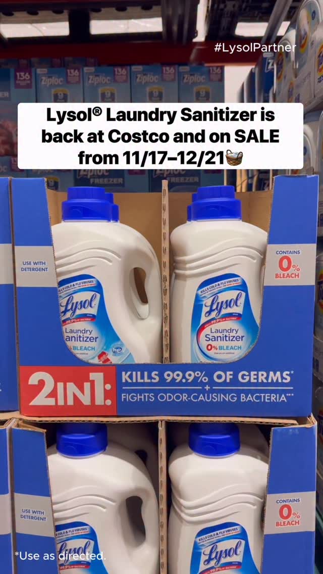 Instagram post by @costcobuys for Lysol. Caption reads: #LysolPartner 🧺 Fresh laundry just got even....