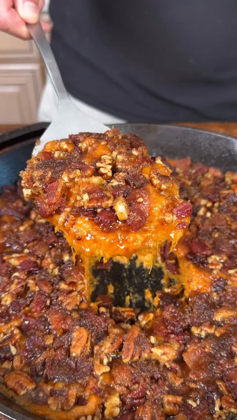 Instagram post by @ninjacue for Kingsford. Caption reads: Sweet Potato Casserole with Candied Bacon Pecan....